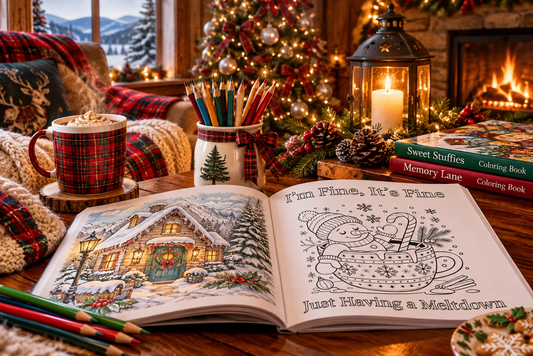 Open Christmas coloring book featuring a snowman, colored pencils, and hot cocoa beside a glowing fireplace and Christmas tree in a cozy Scottish Highlands chalet.